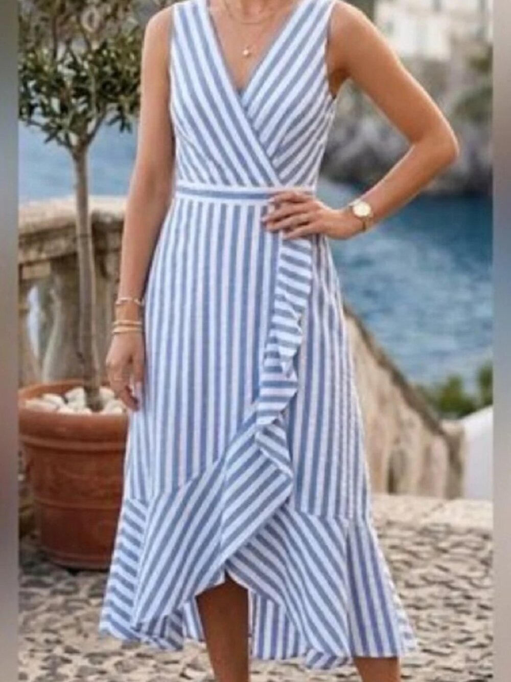 J. Crew Striped V-Neck Ruffle Hem Sleeveless Cotton Dress - Blue/White - 14